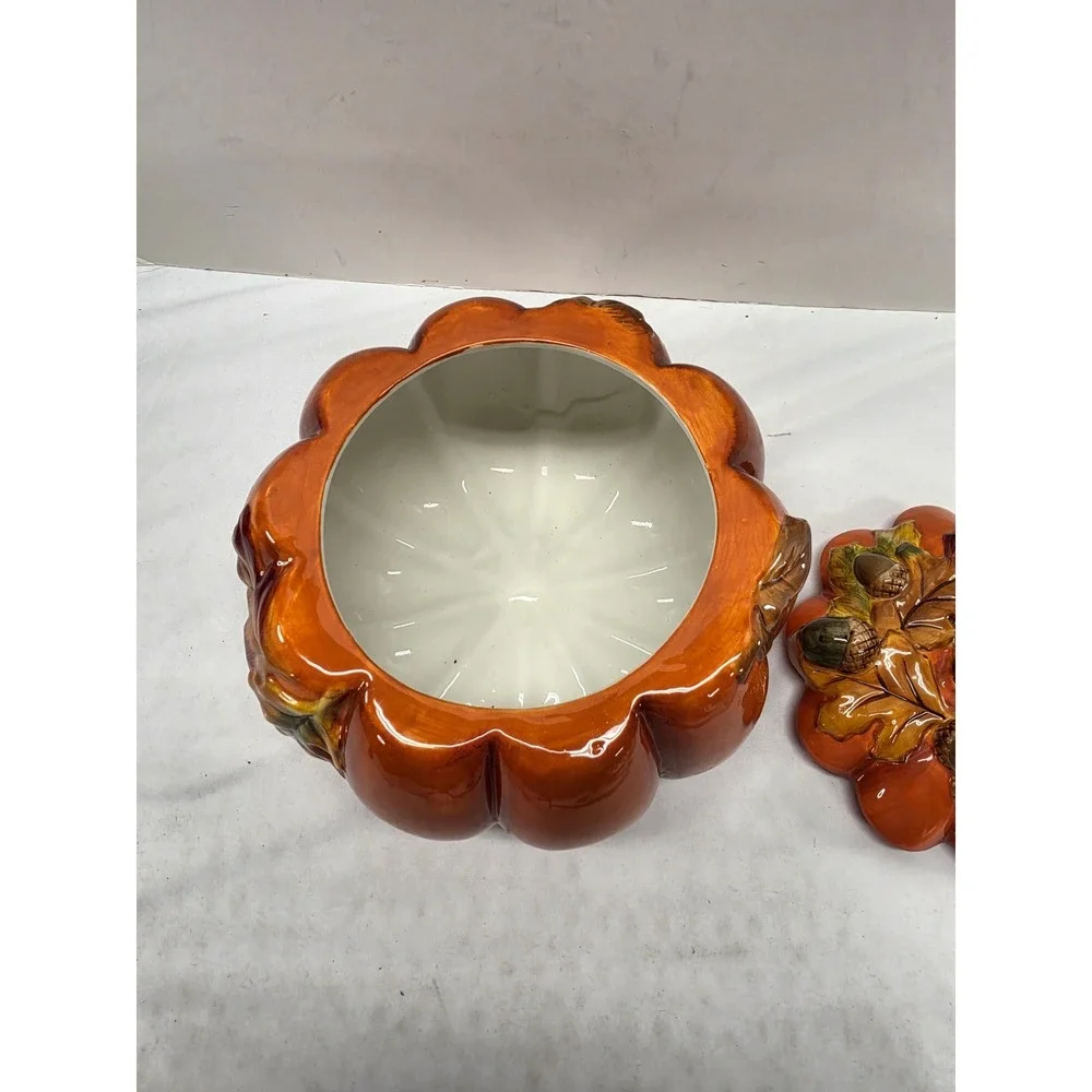 Ceramic Pumpkin Cookie Jar Fall Harvest Orange Glazed Lidded Canister Acorn Leaf